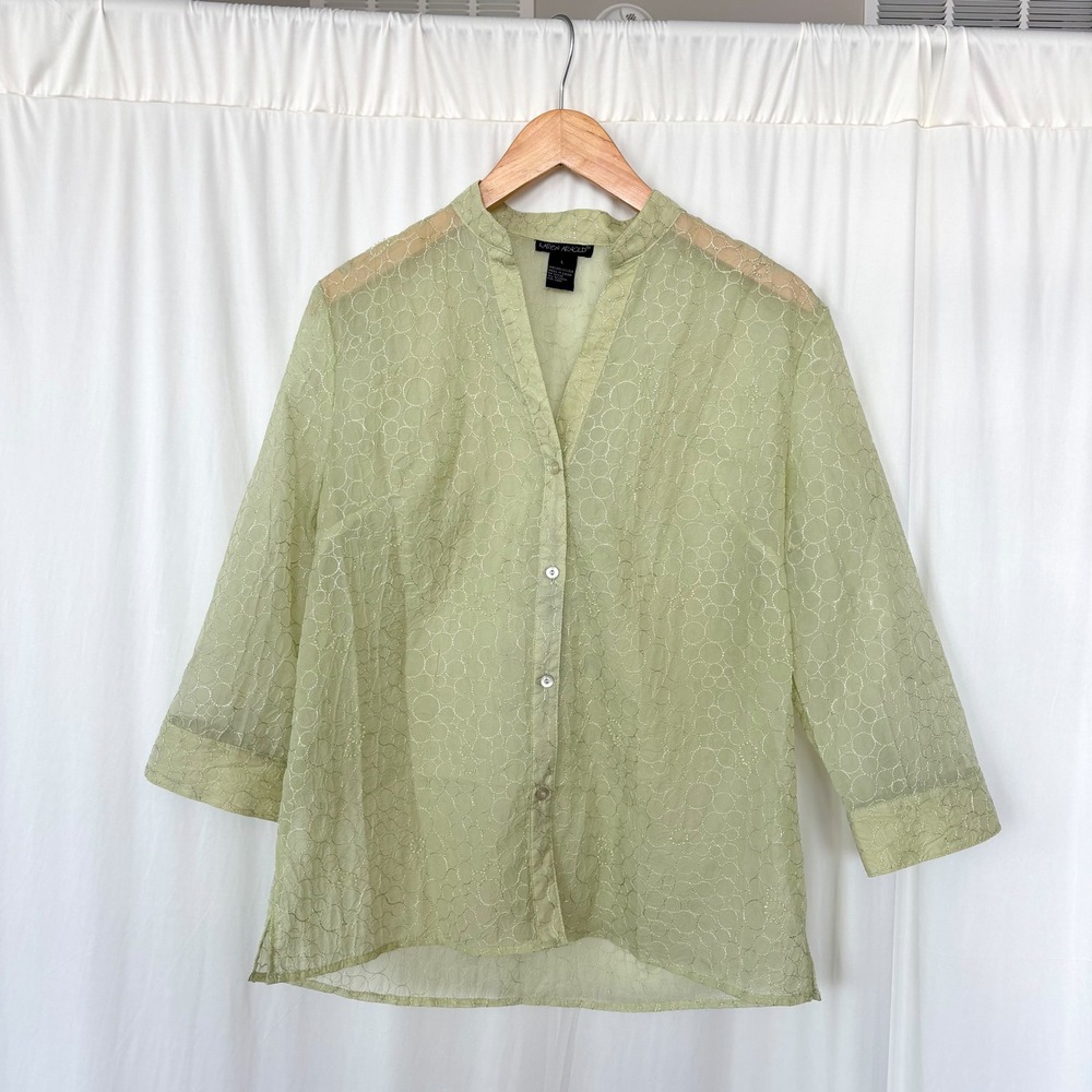 90s Vintage Karen Arnold Sheer Green Beaded Top L Boho Revival Coastal Grandma